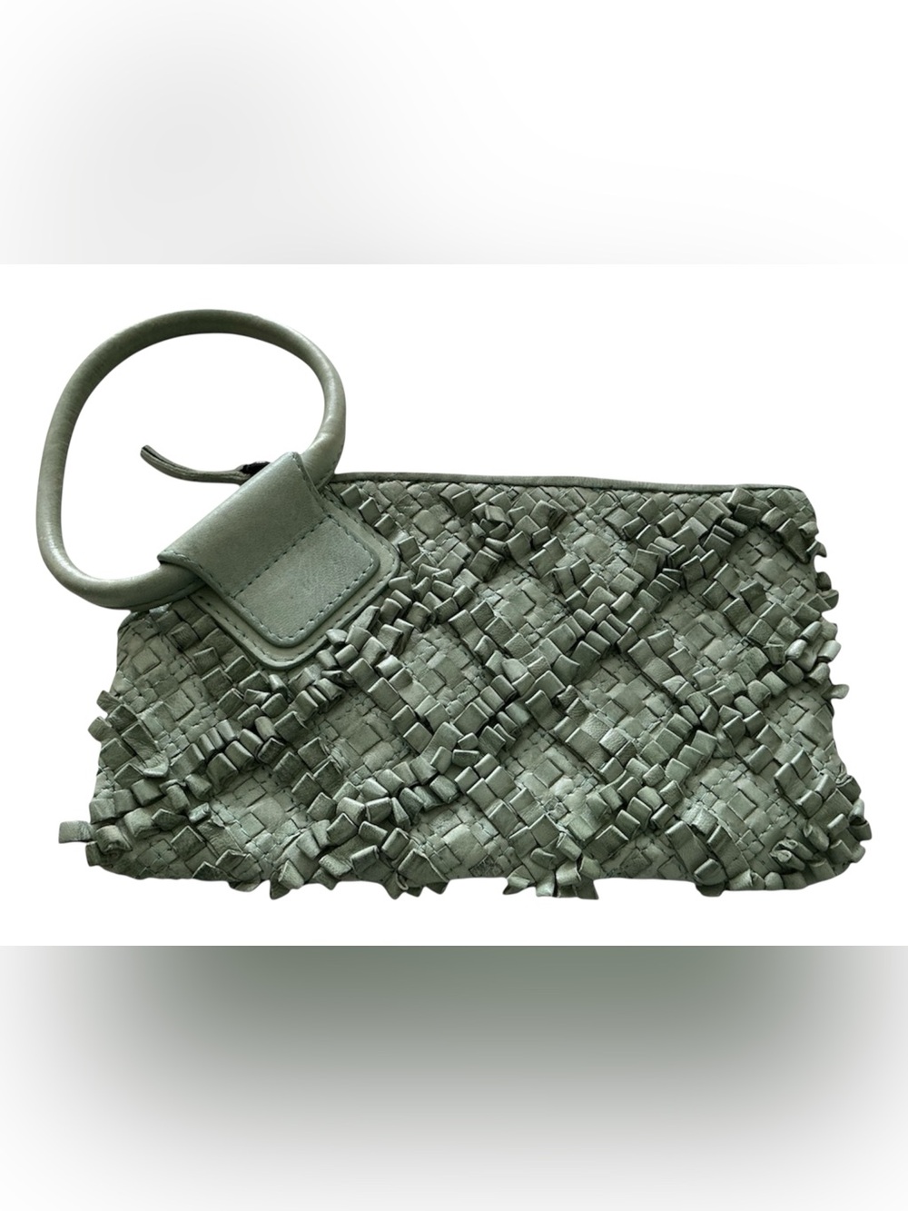 Purse Leather Clutch ring zip, buttery soft w/ woven design on front. Unique